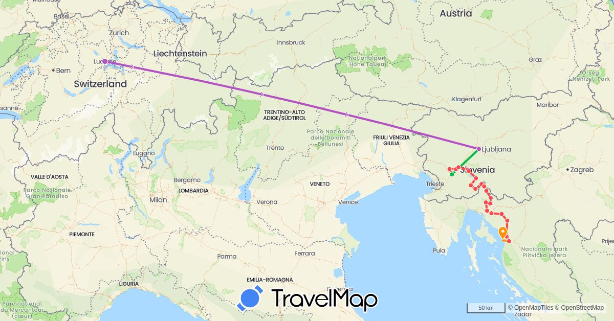 TravelMap itinerary: driving, bus, train, hiking, hitchhiking in Switzerland, Croatia, Slovenia (Europe)